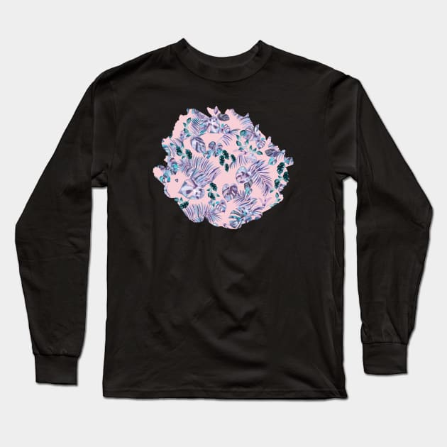 Tropical Flowers and leaves blue pink Long Sleeve T-Shirt by ninoladesign